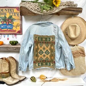 Vintage Light Blue Jean Jacket with Patterned Back